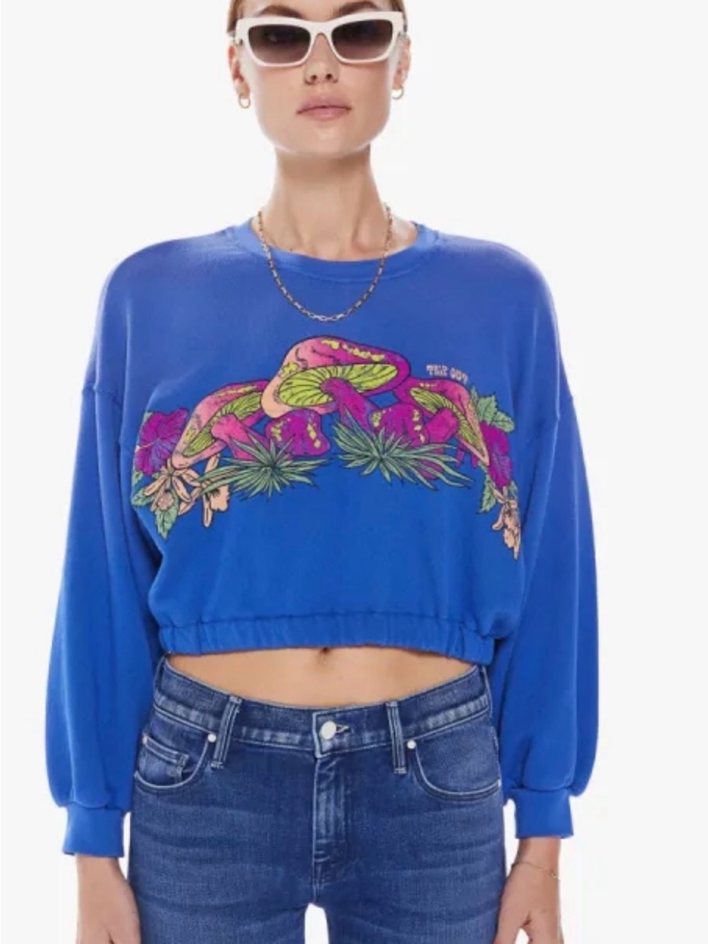 MOTHER Trip Out Blue Cropped Sweatshirt Psychedelic Mushroom Size S